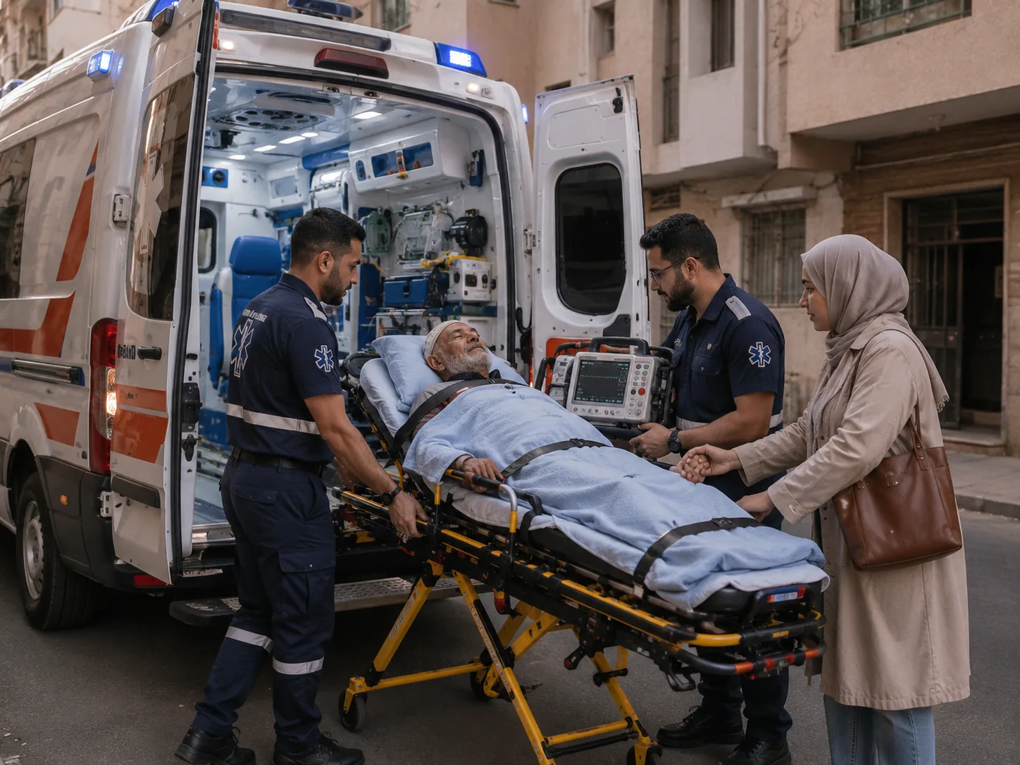 Geplanter Krankentransport: Sanitäter bringen eine Trage zum Krankenwagen, die Begleiterin hält die Hand