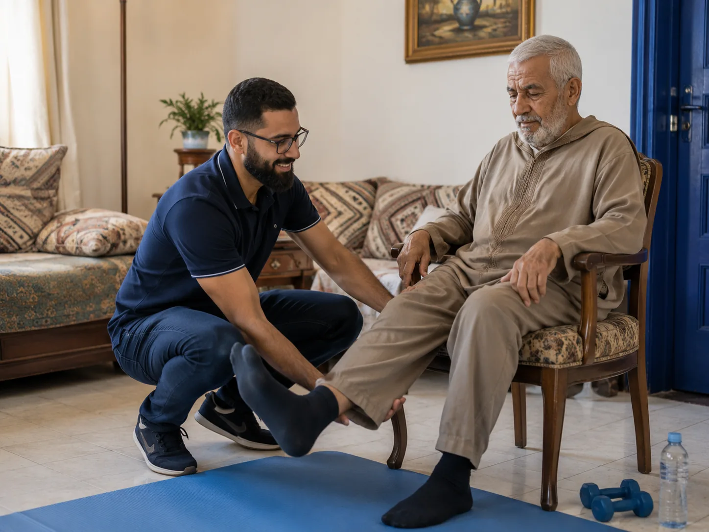 Physiotherapeut leitet einen älteren Mann im Wohnzimmer bei einer Beinübung an